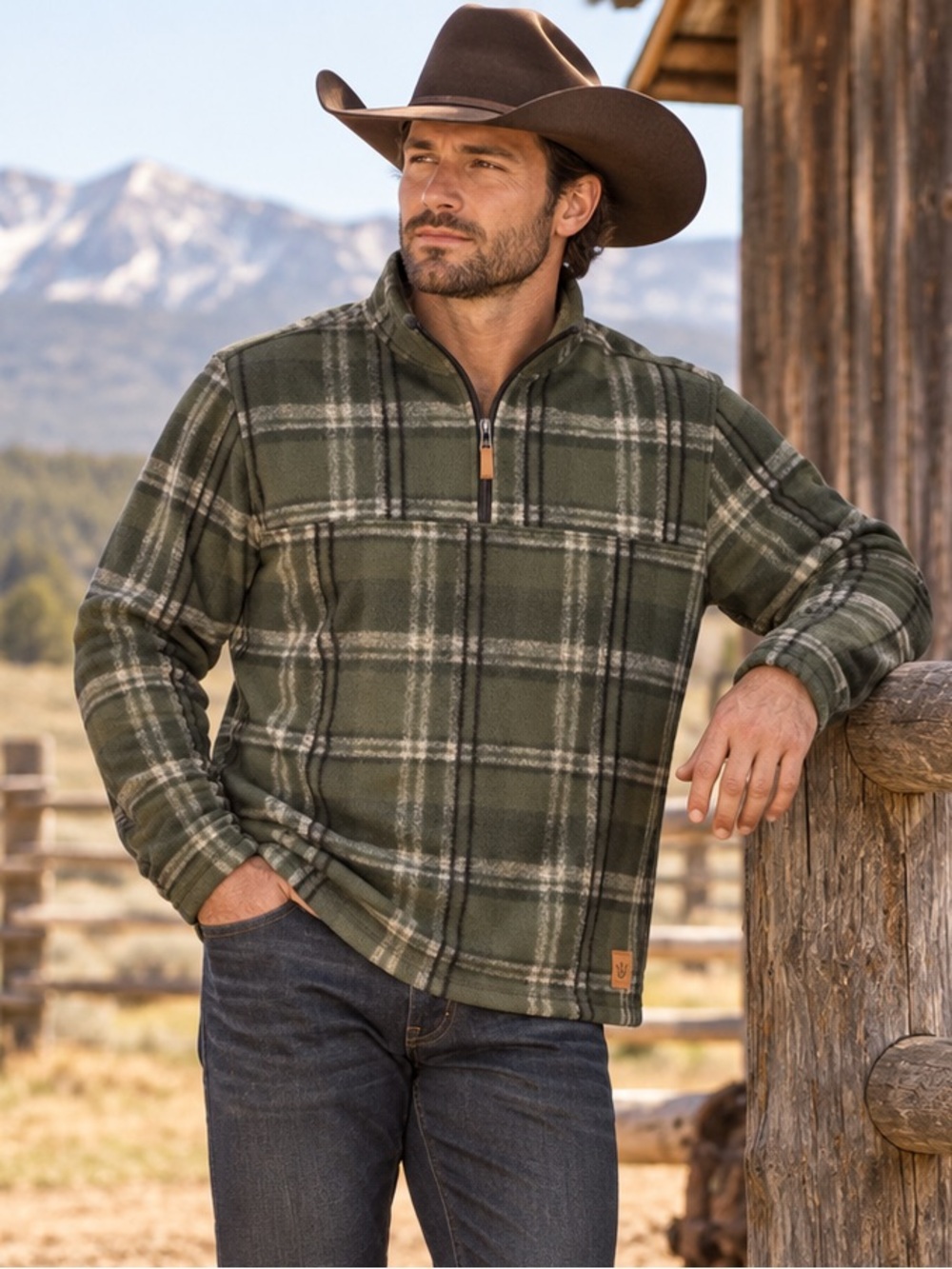 John Wayne Stock & Supply Fleece Pullover XL Green Plaid Quarter Zip Western